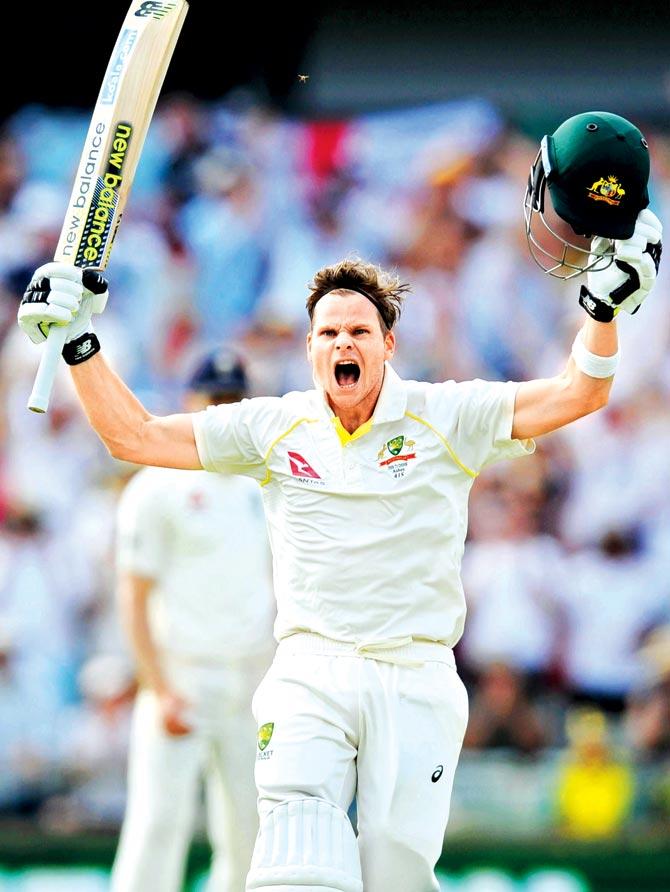 Australian captain Steve Smith celebrates after reaching his 200 v England in Perth on Saturday. Pics/AFP