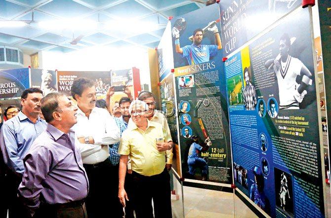 Sunil Gavaskar (left) and Dilip Vengsarkar at the Cricket Connects exhibition at Nehru Science Centre yesterday. Pic/Suresh Karkera