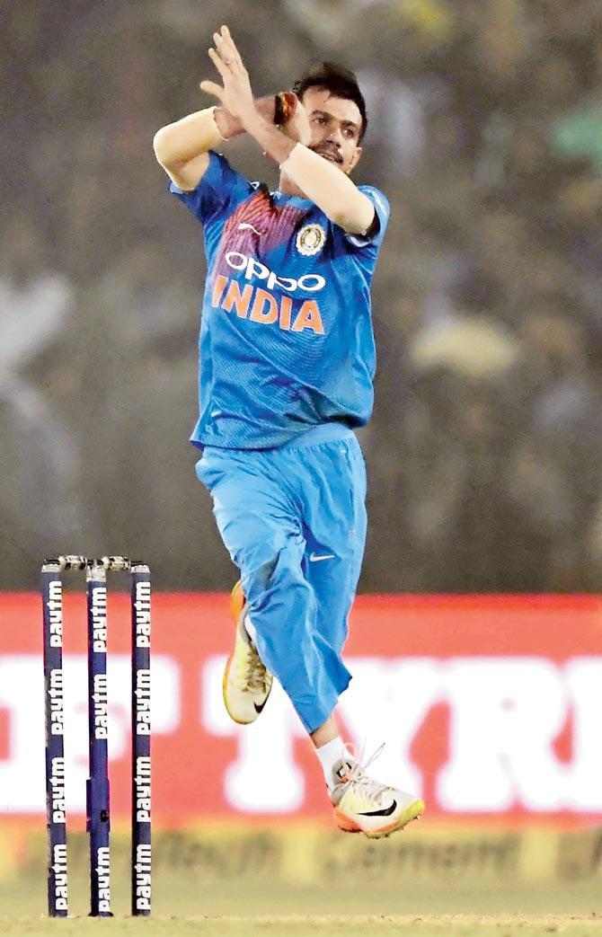 In-form leg-spinner Yuzvendra Chahal en route his four-wicket haul. Pics/AFP