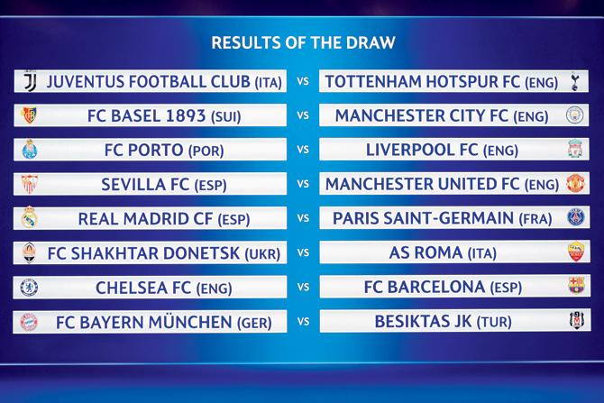 A board displays the Champions League Last-16 draw at the UEFA headquarters in Nyon, Switzerland yesterday. pic/AFP