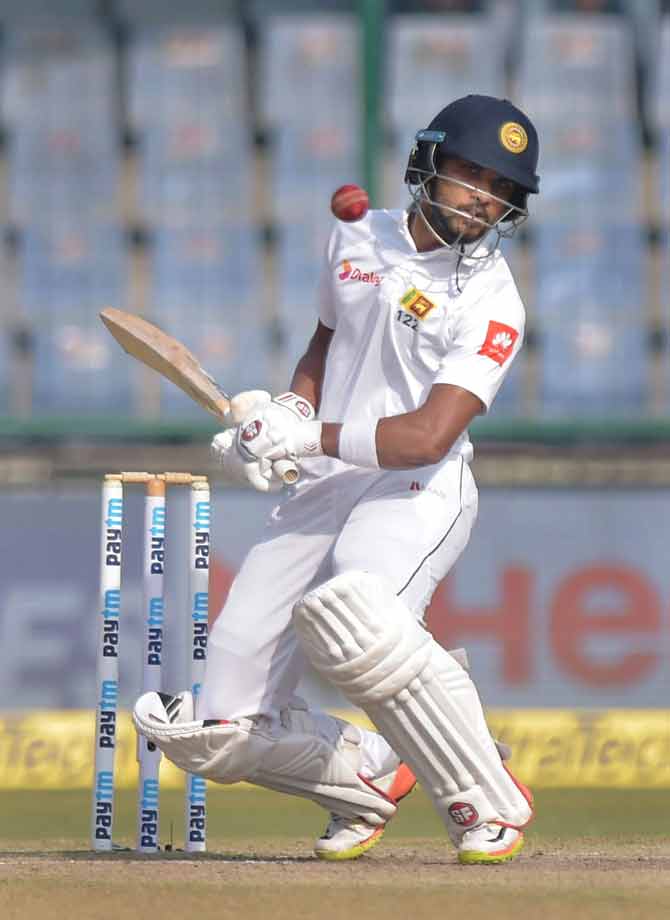 Sri Lankans Dinesh Chandimal bats during the fifth day of third test cricket match between India and Sri Lanka in New Delhi on Wednesday.