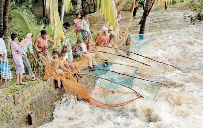 Locals try to catch fish as water level in rivers increased following heavy rain in the Kanyakumari region on Saturday