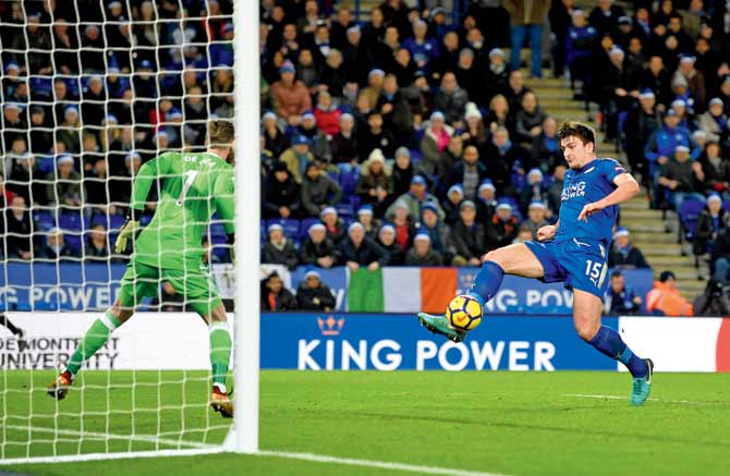 Harry Maguire of Leicester City scores the equaliser during their EPL match against Man United on Saturday. Pic/Getty Images