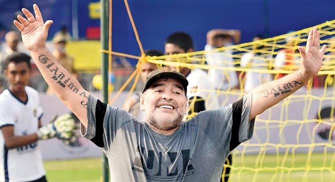 Argentine football great Diego Maradona at an exhibition  match in Barasat, West Bengal yesterday. pic/PTI