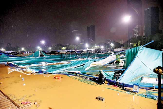Tents at Shivaji Park in tatters following the rain