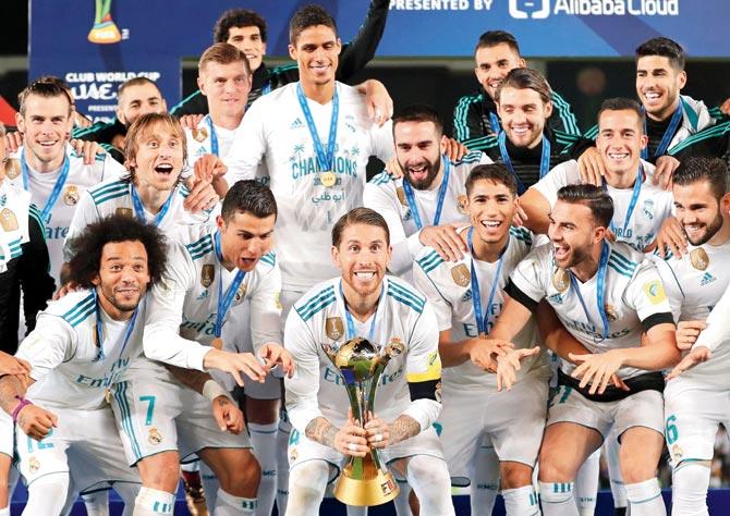 Jubilant Real Madrid players after winning the FIFA Club World Cup against Gremio in Abu Dhabi on Saturday. Pic/AFP