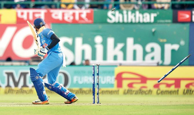Indias Shreyas Iyers stump is uprooted during the first ODI against Sri Lanka at the HPCAâÂu00c2u0080Âu00c2u0088Stadium in Dharamsala on Sunday. pic/PTI
