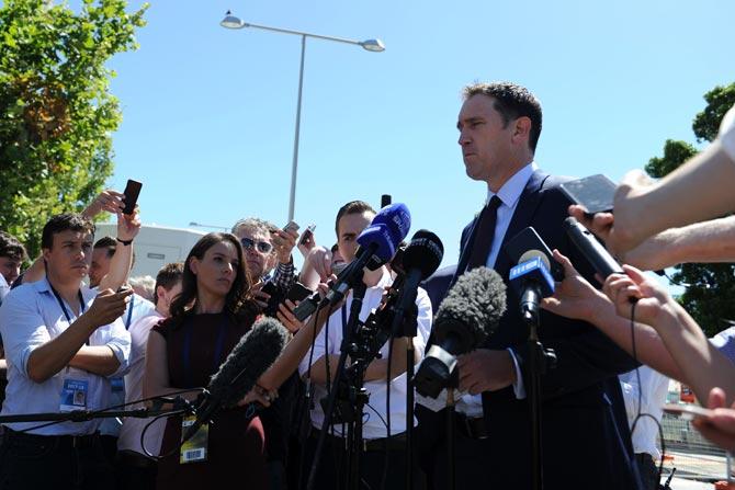 Cricket Australia CEO James Sutherland speaks to the media outside the WACA ground on day one of the third Ashes Test. Pic/ AFP