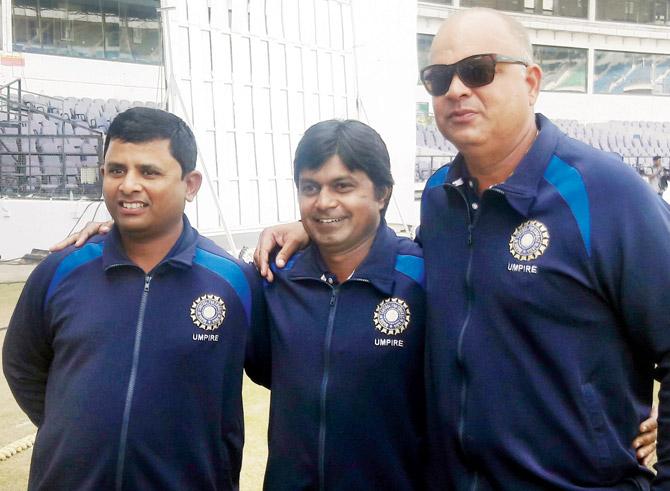 (From left to right) Nitin Pandit, Ulhas Gandhe and AD Deshmukh  at the VCA Stadium at Jamtha yesterday. Pic/Subodh Mayure