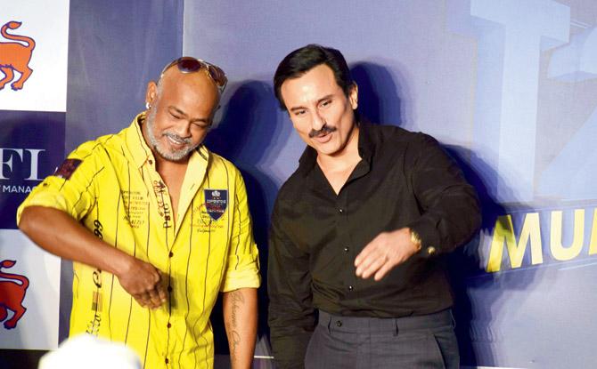 Former India cricketer Vinod Kambli (left) with Bollywood star Saif Ali Khan during the launch of the Mumbai T20 League at the MCAs BKC Stadium yesterday. PIC/ASHISH RAJE