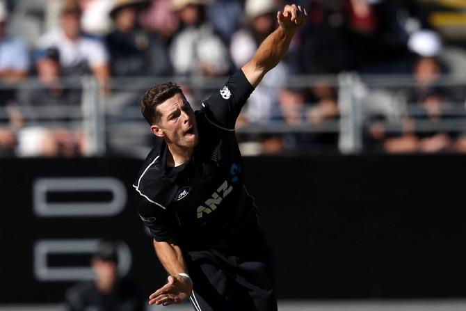 Mitchell Santner bowls during the first ODI match against Australia at Eden Park in Auckland. Pic/ AFP