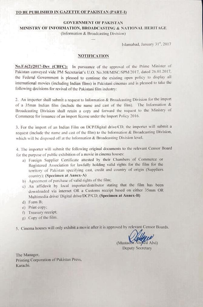 Letter issued by Pakistan’s I&B Ministry