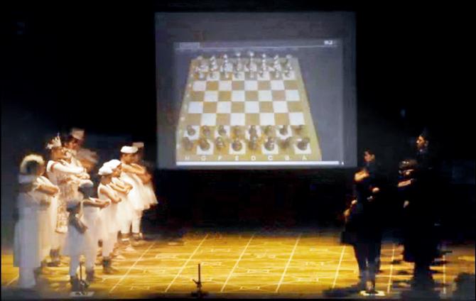 The performance begins with a Kathak  re-enactment of an iconic chess match