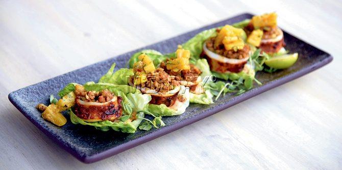 Try the East Indian style stuffed squid with chilli aioli and pineapple salsa (Rs 445)
