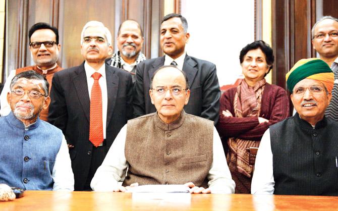 Arun Jaitley with his team before the Budget yesterday. Pic/AFP