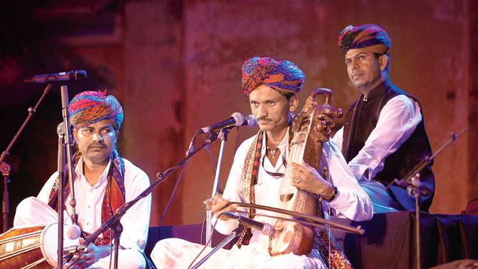 (From left) Saddik Khan Langa, Asin Khan Langa, Bhungar Manganiyar at an earlier performance