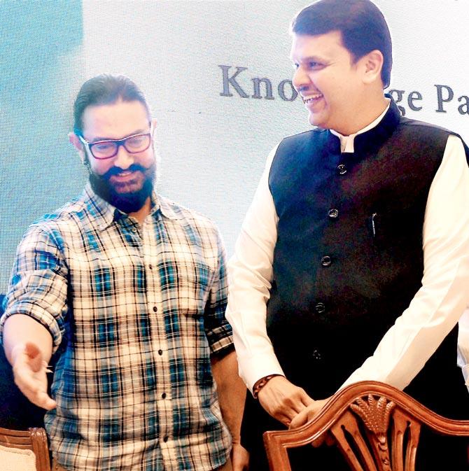 Aamir Khan with Chief Minister Devendra Fadnavis. File pic