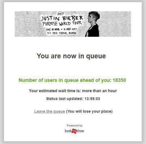 Bieber fan Anita Aikara gave up her quest for a ticket when she was faced with a waiting time of 1 hour, 55 minutes