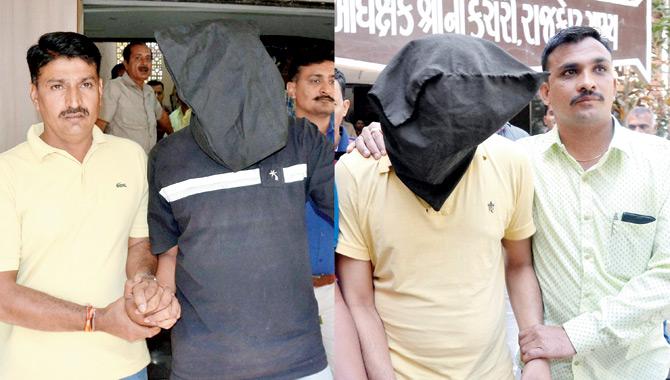 ISIS suspects Wasim Ramodiya and Naeem Ramodiya being taken away after they were arrested by Gujarat ATS on Saturday. Pic/PTI