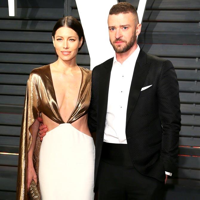 Justin Timberlake with wife Jessica Biel. Pic/AFP