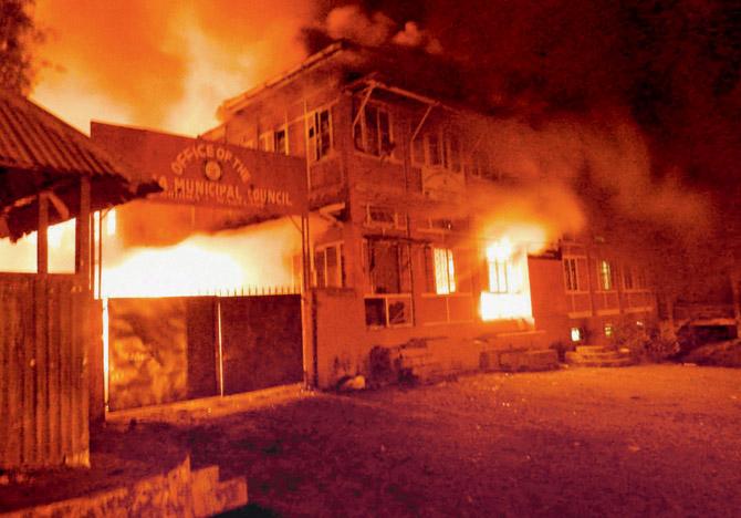 The Kohima Municipal Council was set on fire. Pic/PTI