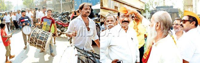 (Left) Nagada players up the tempo as Shiv Sena candidate Annamalai heads to file his nomination papers; and a candidate in Andheri gears up for the big moment ahead of submitting his papers. Pics/Sayyed Sameer Abedi and Sneha Kharabe