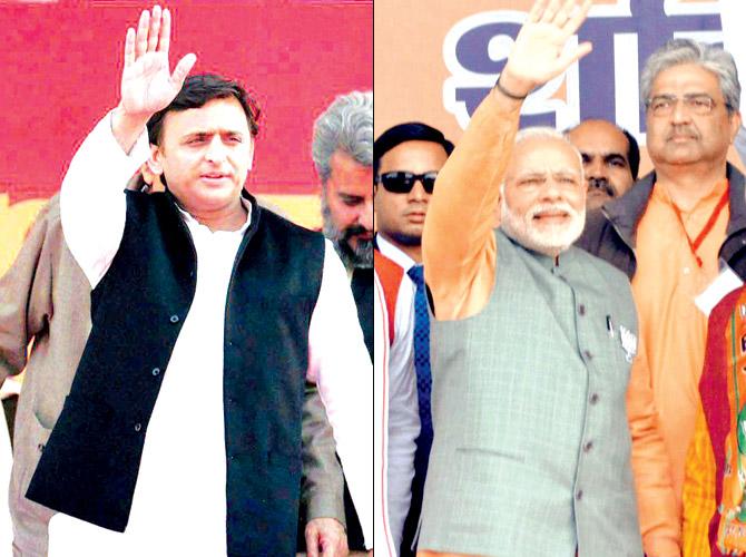 UP CM and SP chief Akhilesh Yadav and (right) PM Modi during their election campaigns in UP. Pics/PTI