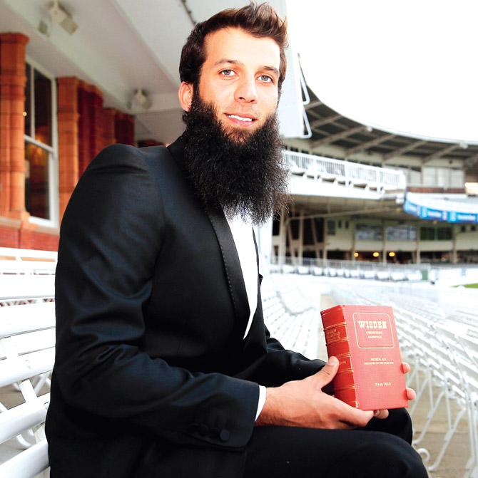 English cricketer Moeen Ali after being named as one of five Wisden Cricketers of the Year 2014 during the Wisden Cricketers
