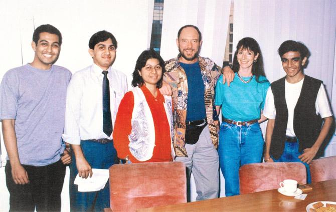 Media consultant and archivist Parag Kamani (in tie) with fans greeting Ian Anderson in Bombay in 1994. Anderson told Kamani that the Eagles had 