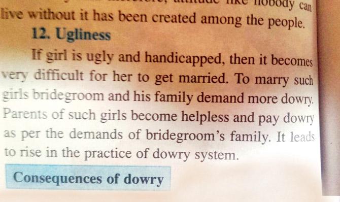 An extract from a section on dowry in the sociology textbook prescribed by the Maharashtra State Board of Secondary and Higher Education for class XII. Pic/Dilip D