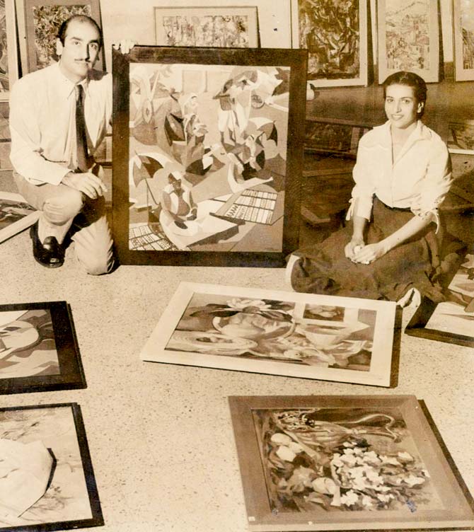 Artist Jehangir and Shirin Sabavala while hanging his works for a show in 1955. Pic/Jehangir Sabavala Foundation