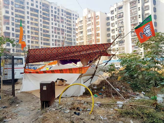 The demolished election mandap of BJP’s Jaya Satnam Tiwana in Malad