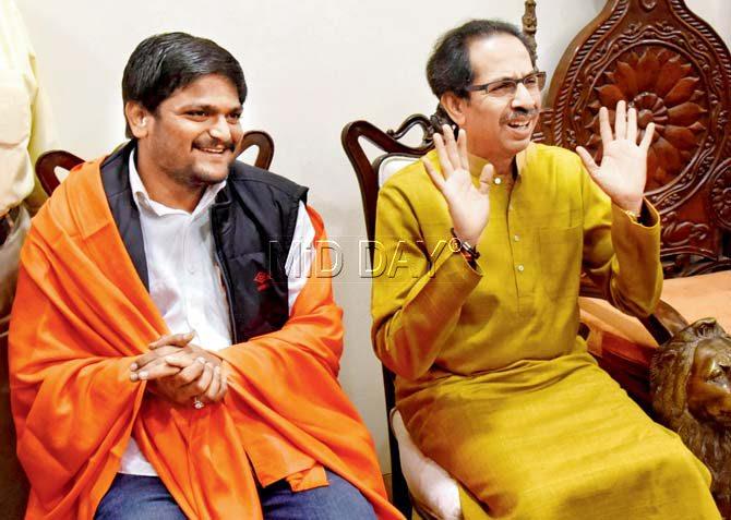 Hardik Patel with Uddhav Thackeray at the latter’s residence Matoshree in Bandra yesterday. Pic/Nimesh Dave