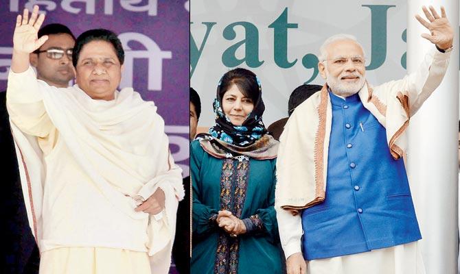 Mayawati (left) has twice before allied with the BJP, but if she does so again, she might end up in a difficult position like Mehbooba Mufti (right), who joined hands with the BJP in Jammu and Kashmir