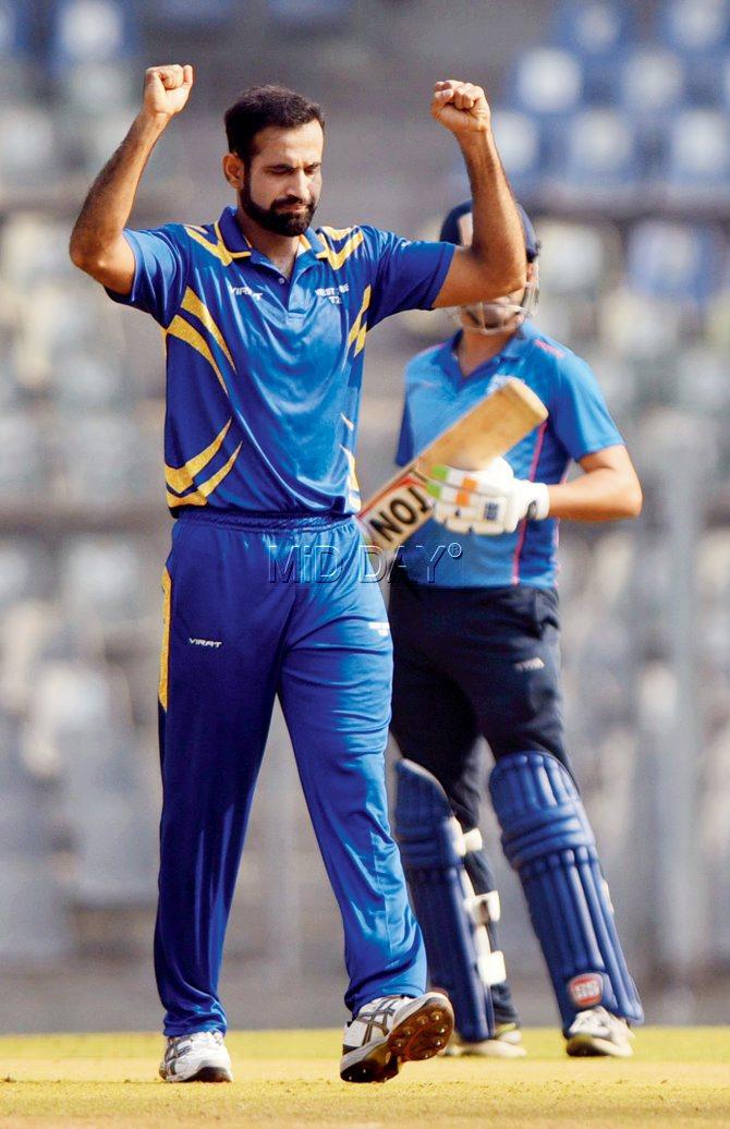 West Zone pacer Irfan Pathan celebrates after dismissing North Zone opener Shikhar Dhawan in the Syed Mushtaq Ali Trophy Inter-Zonal Twenty20 cricket tournament. Pathan took 3-10. Pic/SURESH KARKERA