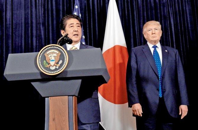 President Donald Trump and Japan PM Shinzo Abe speak on North Korea at Mar-a-Lago, Florida. Pic/AP