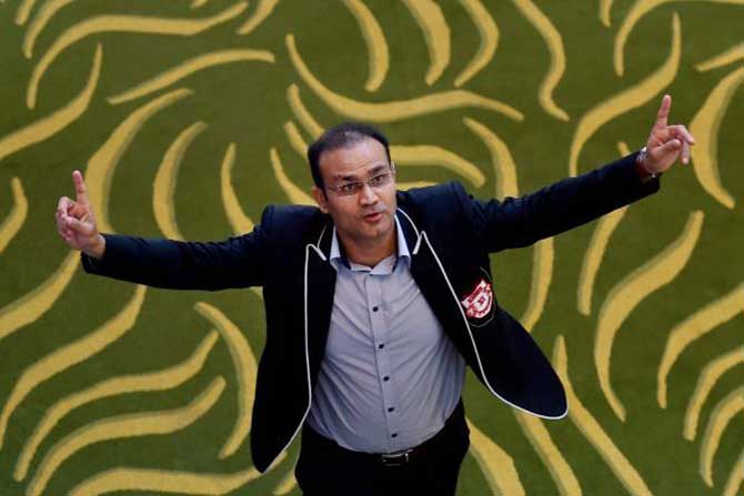 Sehwag at the IPL Auction venue in Bangalore on Monday