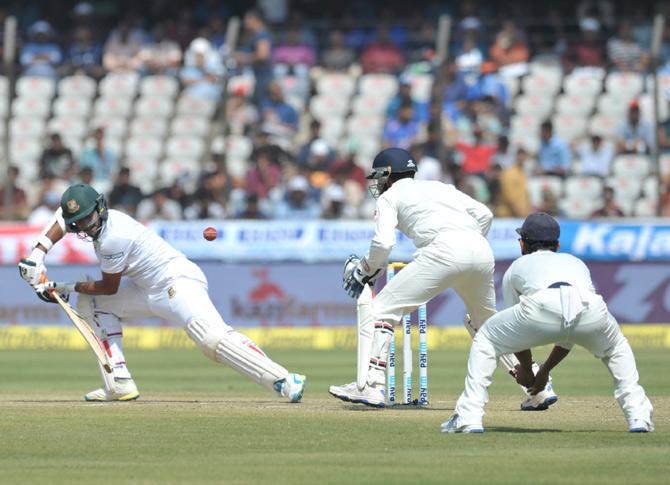 Shakib Al Hasan plays a shot on the third day of a solo Test match between India and Bangladesh