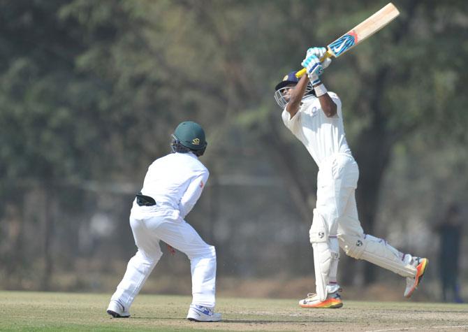 Shreyas Iyer hit six runs during the second day of a two-day practice cricket match between India A and Bangladesh at Gymkhana Ground in Secunderabad, the twin city of Hyderabad on Tuesday.
