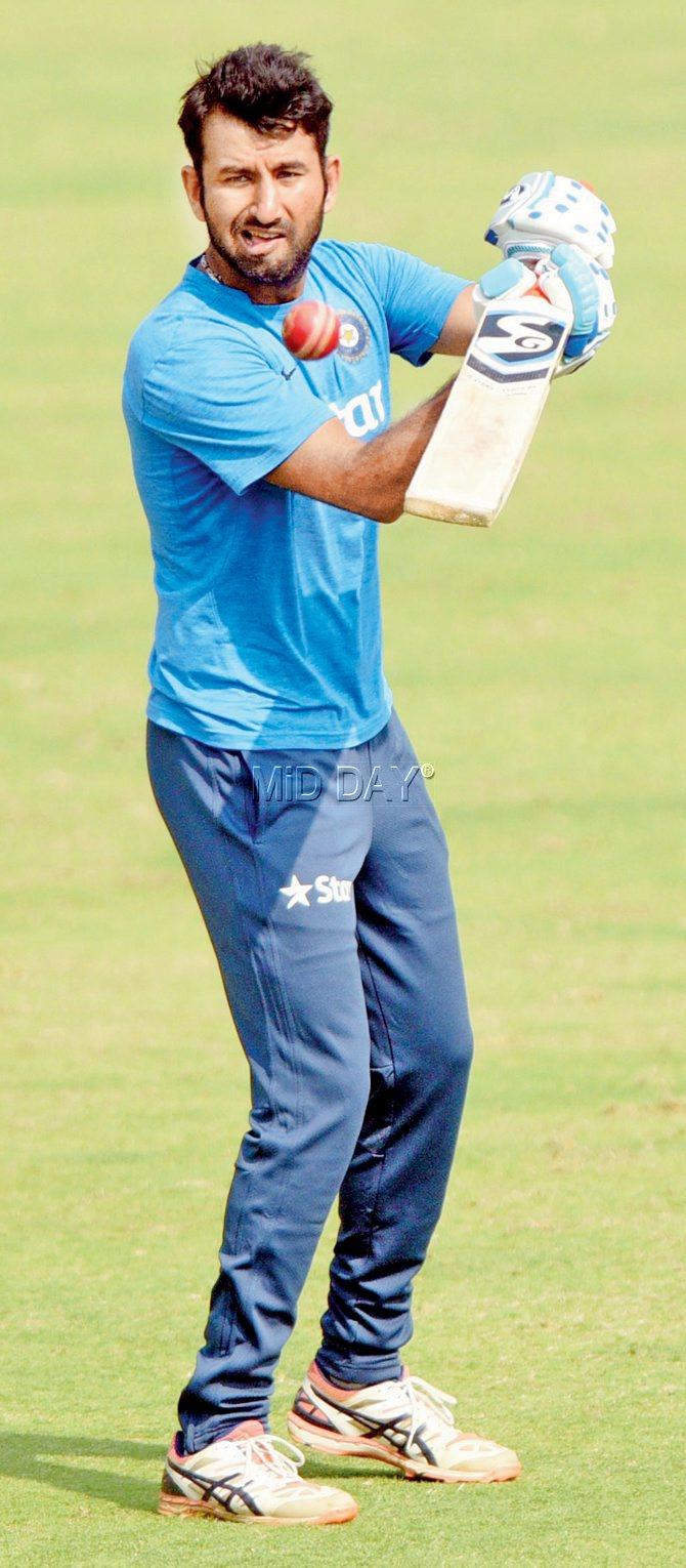 Rest of India’s skipper Cheteshwar Pujara during a training session at the Brabourne Stadium yesterday. Pic/Suresh Karkera