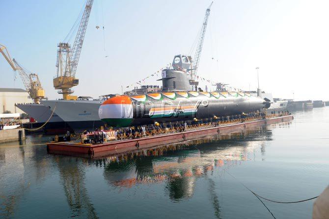 Khanderi, the second Kalvari class submarine, is launched at the Mazagon Dock Shipbuilders Limited (MDL)