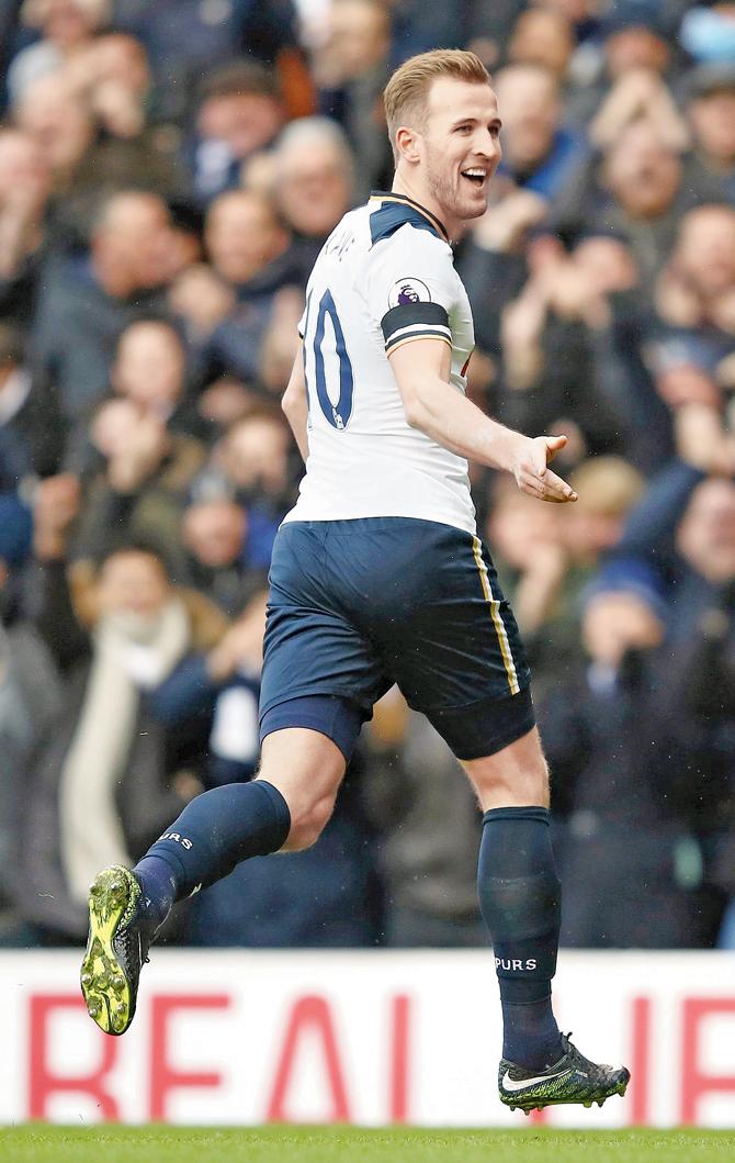 Harry Kane celebrates Tottenham’s opening goal against West Brom  at White Hart Lane in London on Saturday. Pic/Getty Images