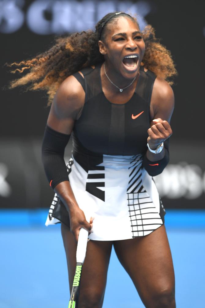 Serena Williams of the US reacts after a point against Switzerland