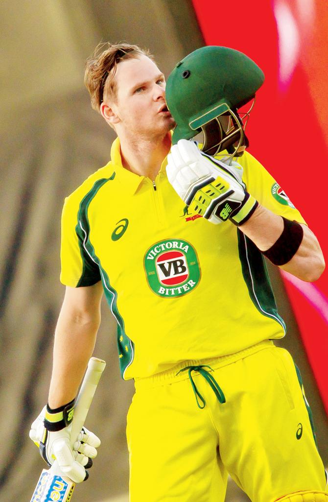 Australia skipper Smith celebrates his ton during the third ODI against Pakistan at the WACA in Perth yesterday. Pic/AFP