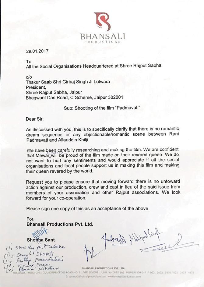 The letter sent to the Karni Sena