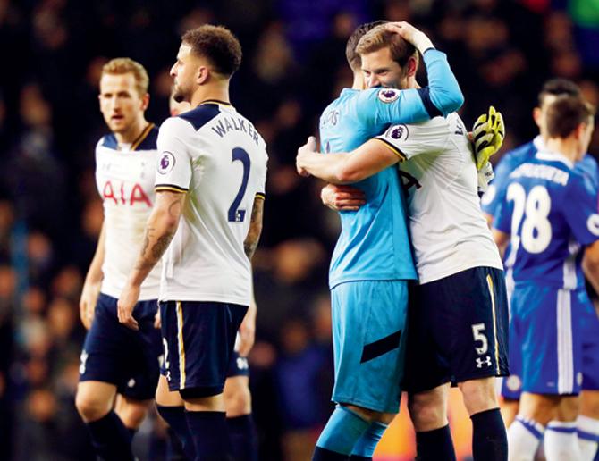 Tottenham players celebrate their 2-0 win vs Chelsea on Wednesday