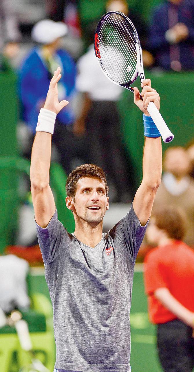 Novak Djokovic celebrates after winning the Qatar Open title in Doha on Saturday. Pic/PTI