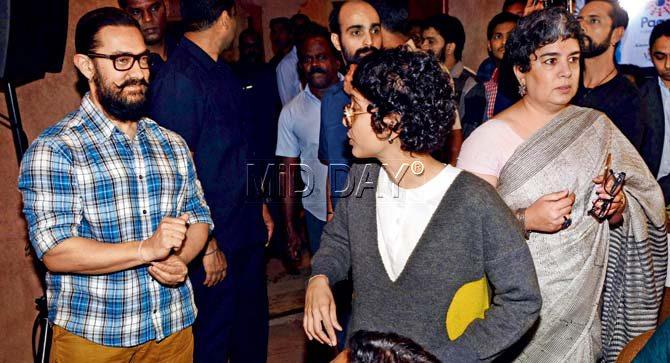 Aamir Khan with wife Kiran Rao and former wife Reena Dutta (right) at the launch of the water conservation event at Sahyadri state guest house yesterday. Pic/Sayyed Sameer Abedi