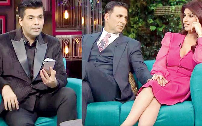 (From left) Karan Johar gets chatty with Akshay Kumar and Twinkle Khanna