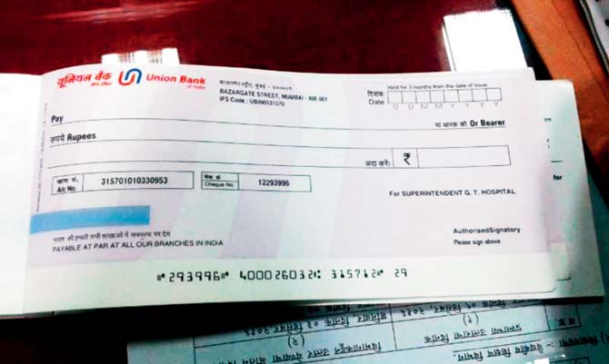 One of the blank cheques whose number has been forged to steal money from GT Hospital